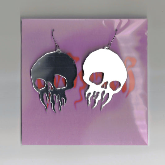 Dual Finish Flame Skull Drop Earrings